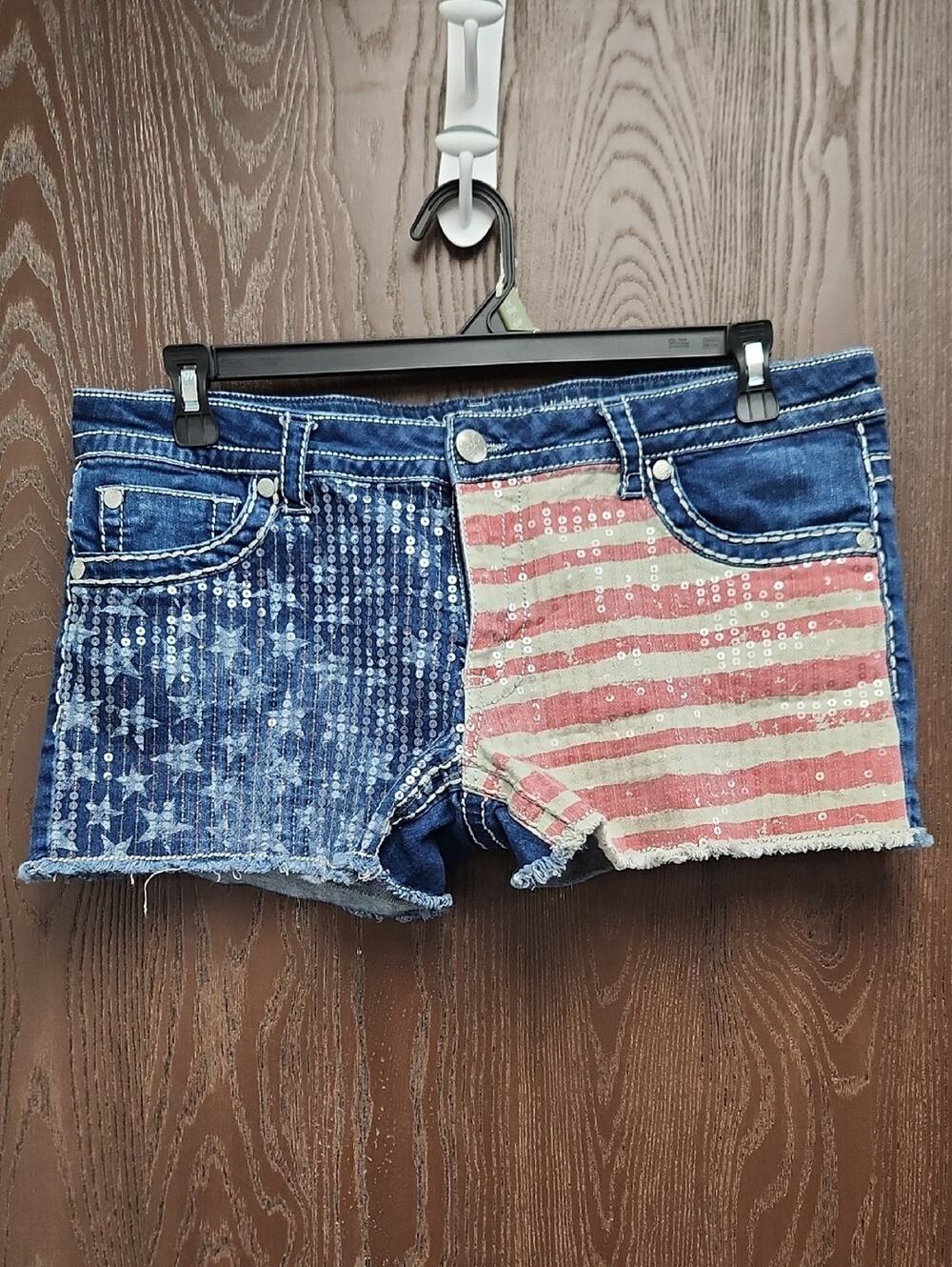 Knox Rose Blue & Red Flag Denim Jean Shorts